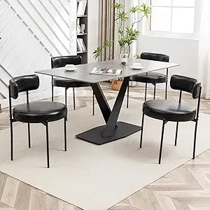 Black Boucle Dining Chairs Set of 4, Upholstered Dining Chairs with Black Metal Legs, Round Modern Chair for Room