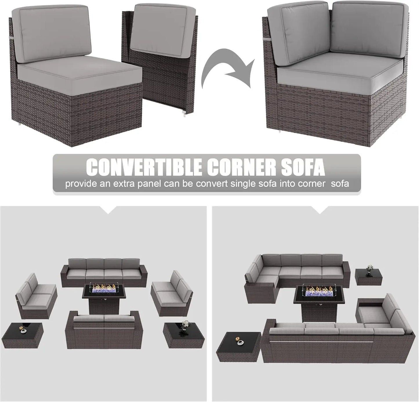 13 Pieces Outdoor Patio Furniture Set with 44" Fire Pit Table Brown Rattan Sectional Sofa Conversation Sets