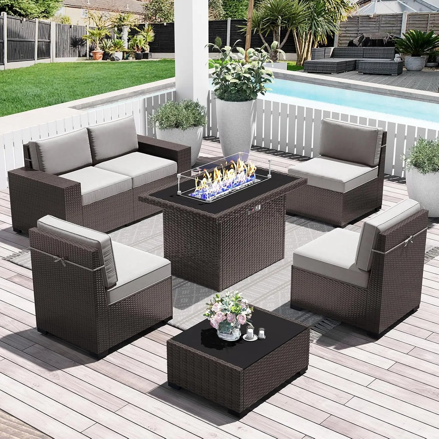 13 Pieces Outdoor Patio Furniture Set with 44" Fire Pit Table Brown Rattan Sectional Sofa Conversation Sets