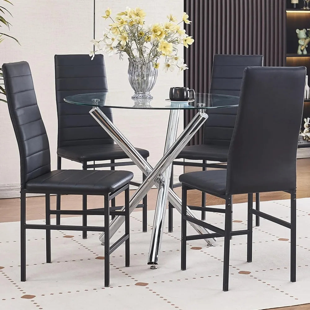 Round Glass Dining Table Set 5 Piece Round Silver Kitchen Table and White Chairs,Tempered Glass Table with 4 Faux Leather Chairs