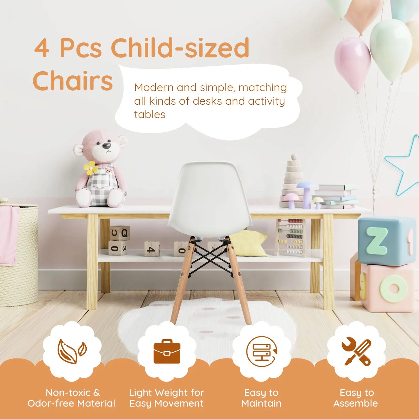 4 PCS Kids Chair Set Mid-Century Modern Style Dining Chairs w/ Wood Legs