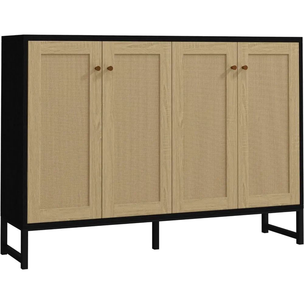 Sideboard Accent Storage Cabinet with Rattan Decorated 4 Doors Dining Room Freestanding Kitchen Buffet Table Cupboard