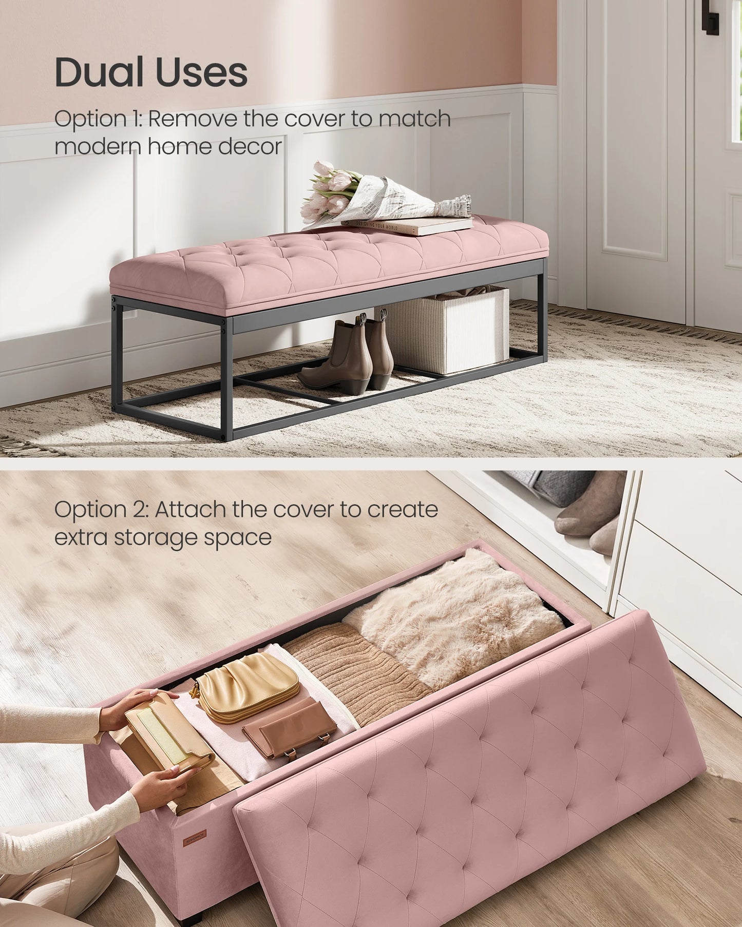 SONGMICS Velvet Storage Ottoman Bench, Foot Rest with Legs, 15.7 x 43 x 15.7 Inches, End of Bed Bench, Storage Chest