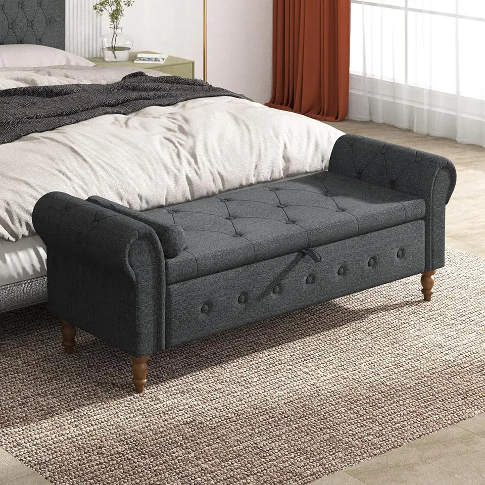 Linen Upholstered Storage Bench, 63" End of Bed Storage Ottoman Bench with Rolled Arms for Bedroom