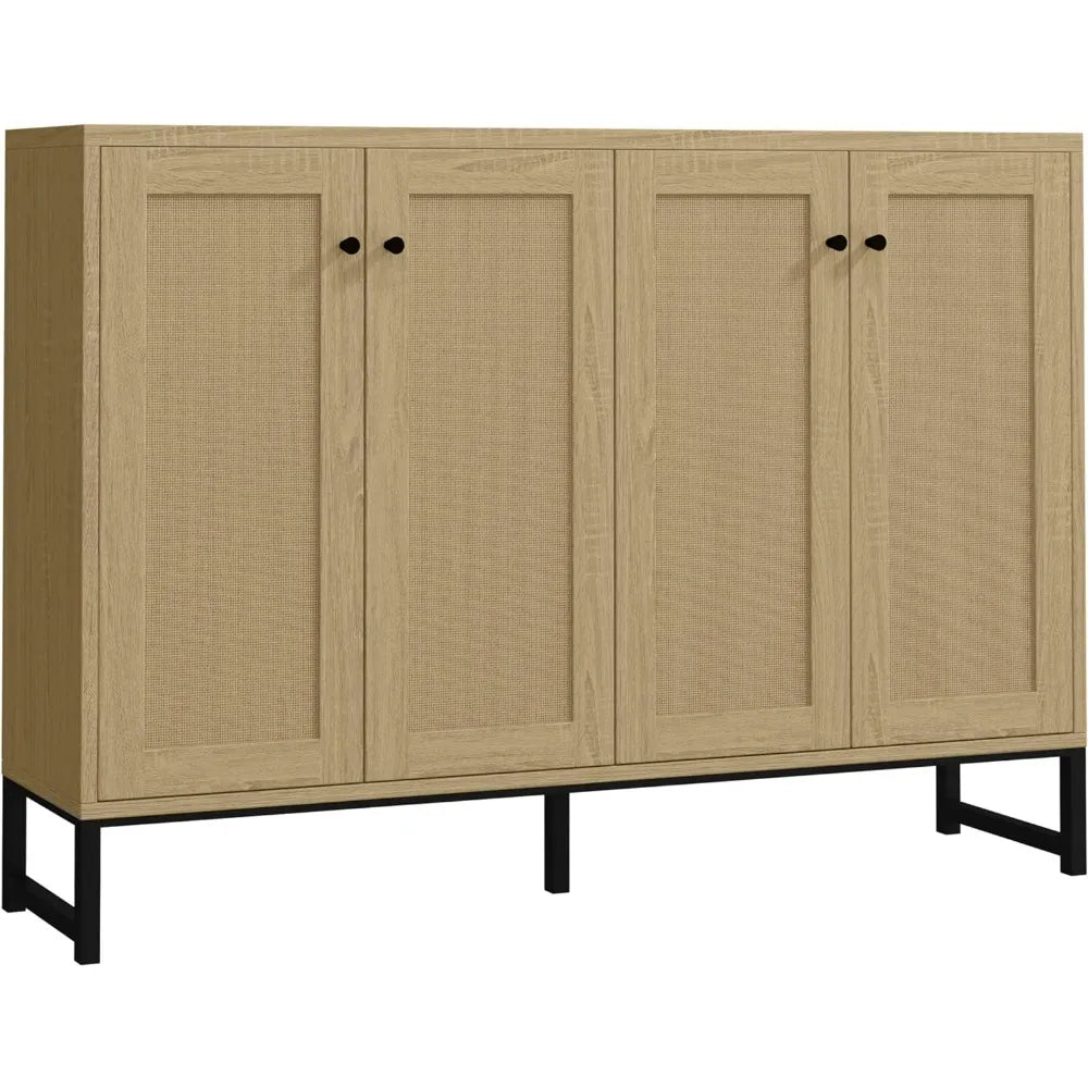 Sideboard Accent Storage Cabinet with Rattan Decorated 4 Doors Dining Room Freestanding Kitchen Buffet Table Cupboard
