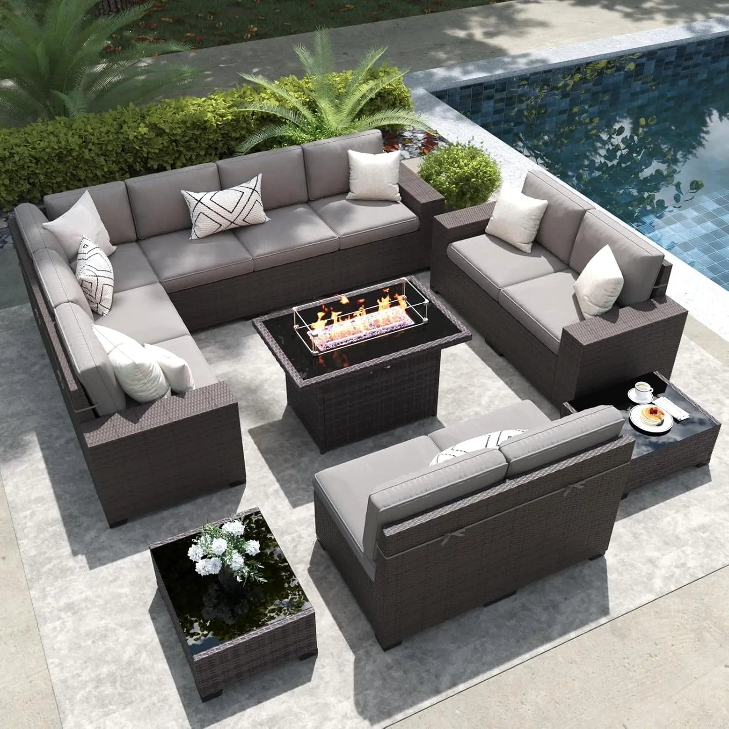 13 Pieces Outdoor Patio Furniture Set with 44" Fire Pit Table Brown Rattan Sectional Sofa Conversation Sets