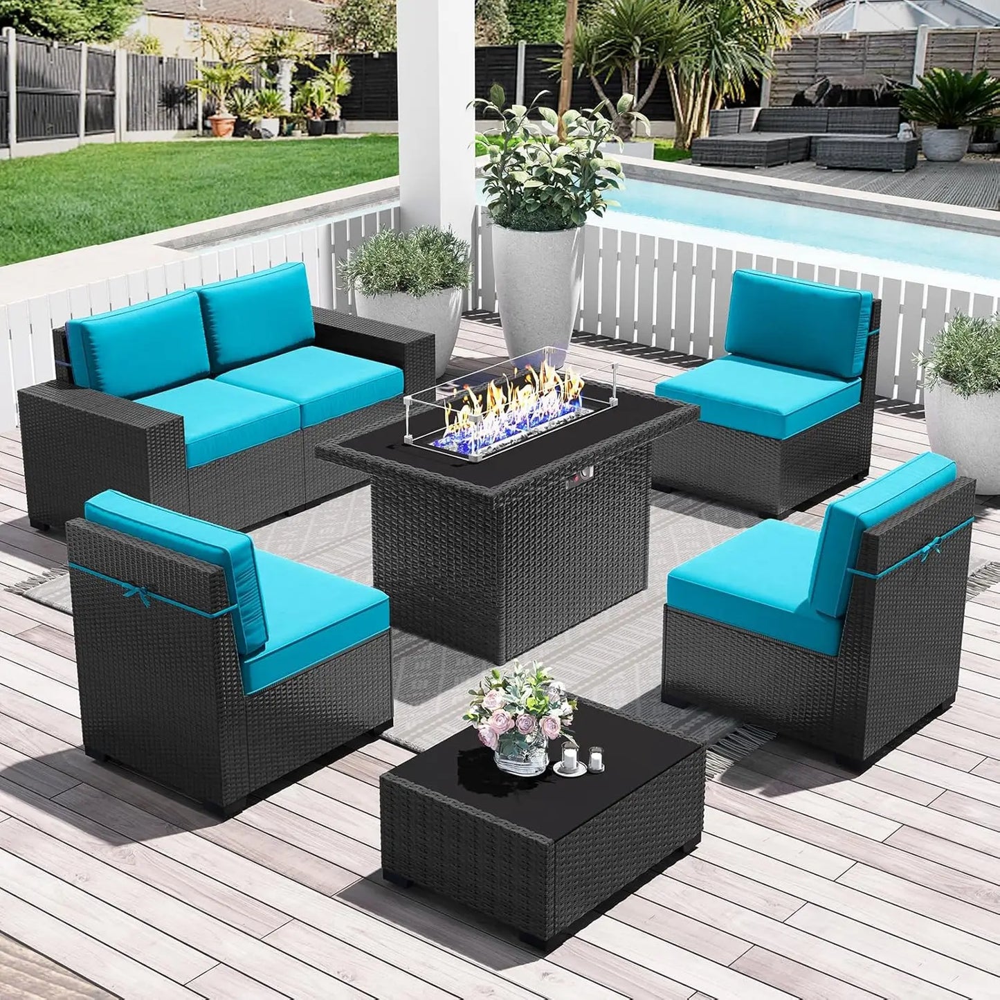 13 Pieces Outdoor Patio Furniture Set with 44" Fire Pit Table Brown Rattan Sectional Sofa Conversation Sets