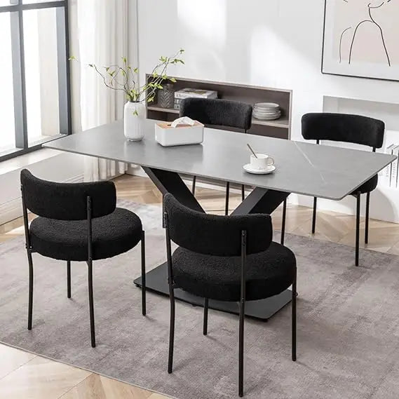 Black Boucle Dining Chairs Set of 4, Upholstered Dining Chairs with Black Metal Legs, Round Modern Chair for Room