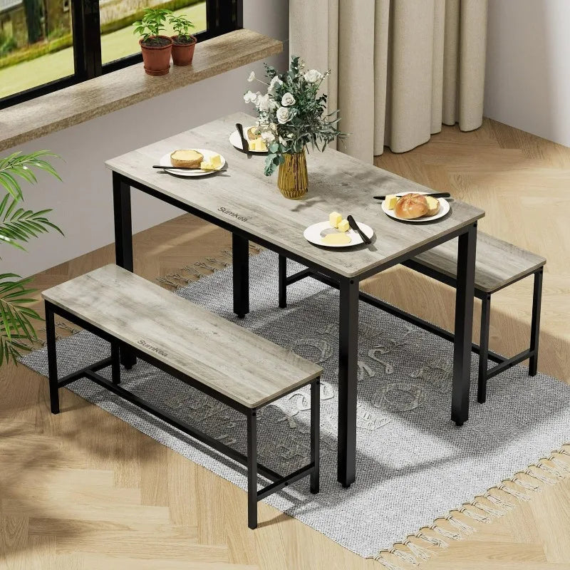 2025 Grey Dining Table Set for 4, Kitchen Room Table Set with 2 Benches, 3-Piece Dining Chairs Set for Breakfast Nook,