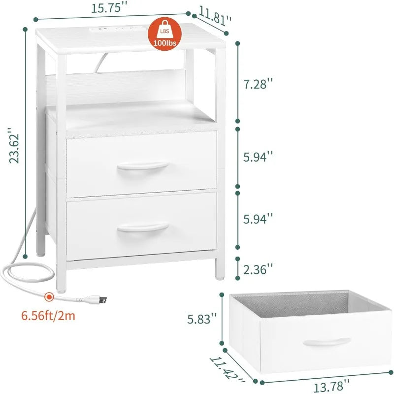 Nightstand with charging station, Nightstand with USB ports and sockets, Small nightstand, Bedside table