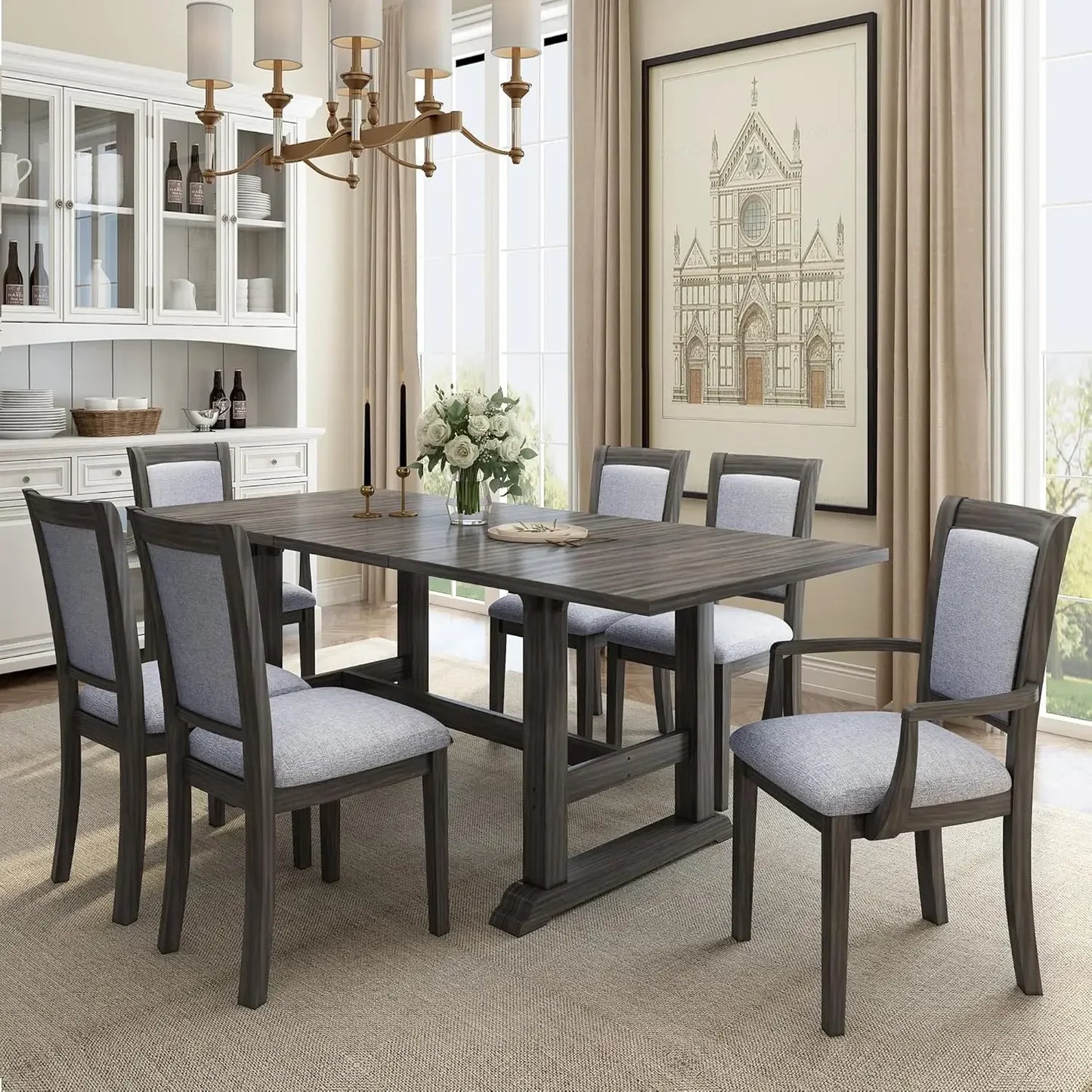 7-Piece Kitchen Dining Table Set for 6, Wood Kitchen Table and 6 Upholstered Chairs with Backrest