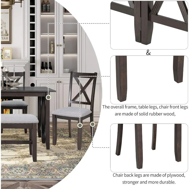 6 Piece Dining Room Table Set, Rustic Farmhouse Dining Room Foldable Table with 4 Upholstered Chairs and Bench