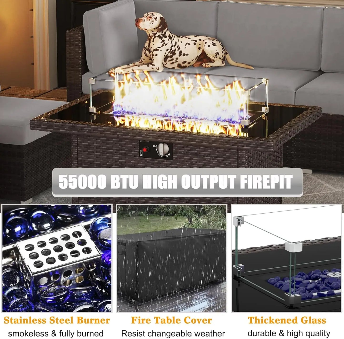 13 Pieces Outdoor Patio Furniture Set with 44" Fire Pit Table Brown Rattan Sectional Sofa Conversation Sets