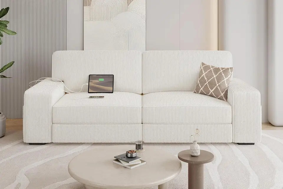 83.5" W Modern Sofa Couch 2 Seater Corduroy Fabric Sofa for Living Room Apartment, Ivory