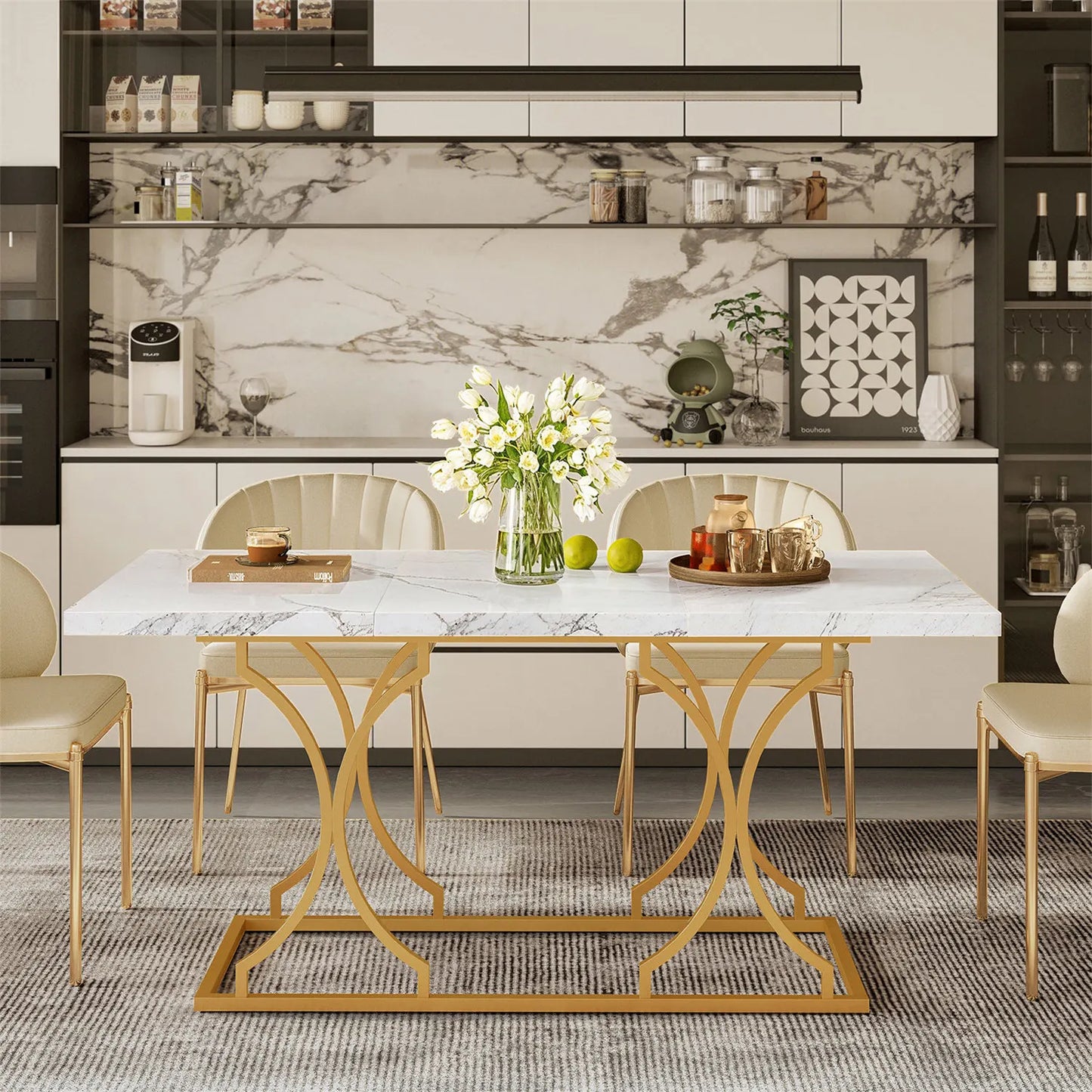 63" Luxury Dining Table Kitchen Dining Room Table White Dinner Desk Rectangle Modern Marble with Gold Metel Frame for 6 People