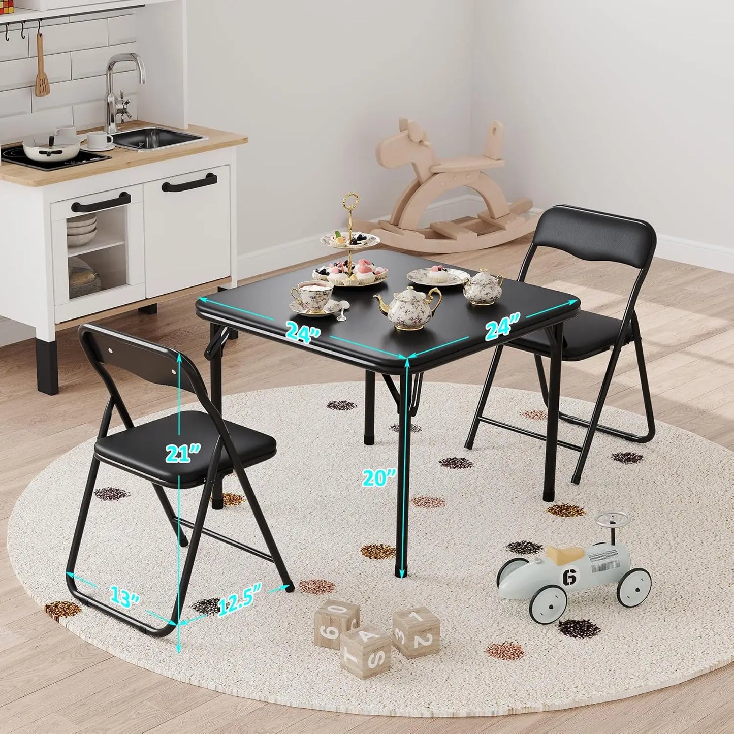 Boys and Girls Folding Table and Chairs Set of 3, Portable Table and Chair with Pu Soft Cushion, For Eating,Reading and Playing