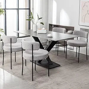 Black Boucle Dining Chairs Set of 4, Upholstered Dining Chairs with Black Metal Legs, Round Modern Chair for Room