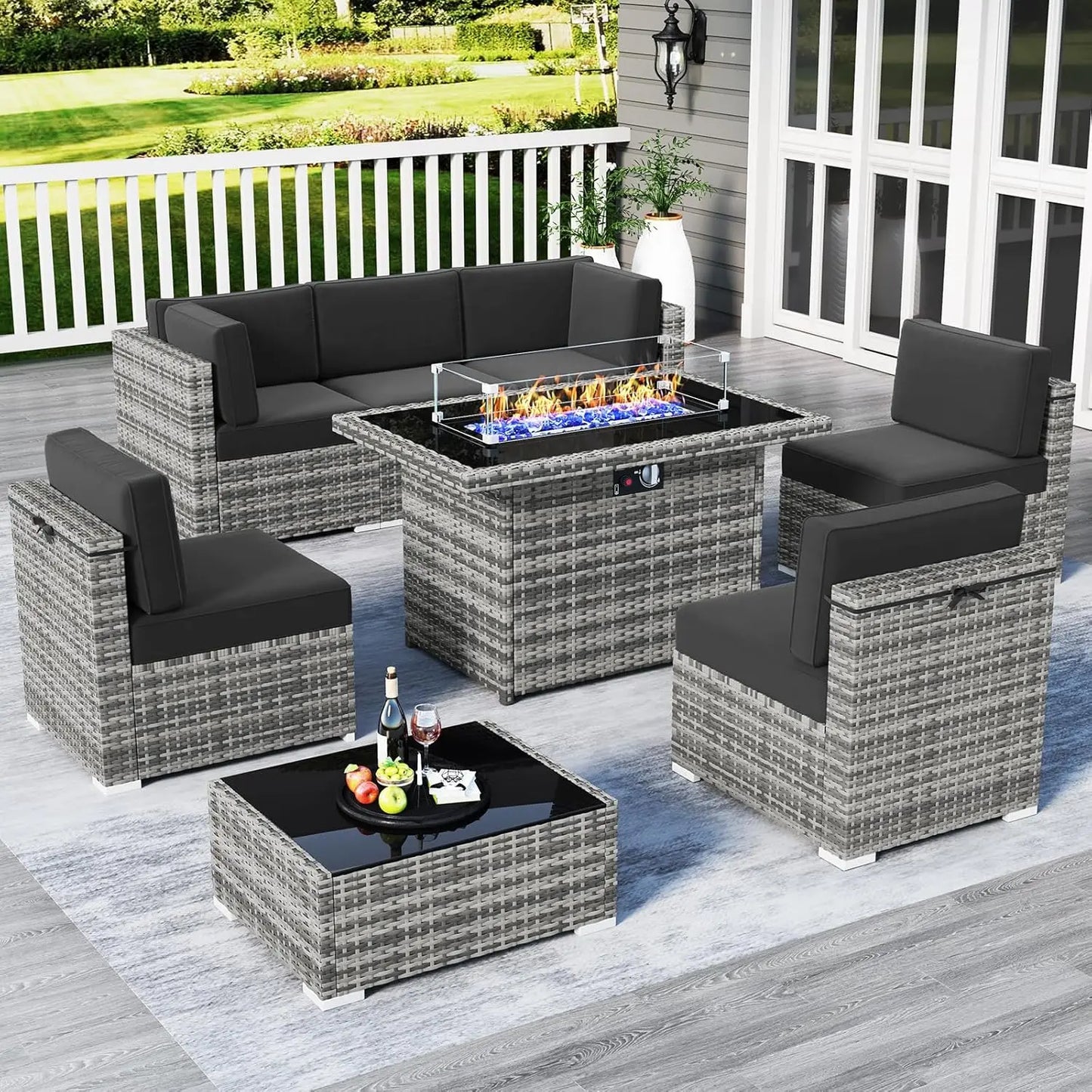 13 Pieces Outdoor Patio Furniture Set with 44" Fire Pit Table Brown Rattan Sectional Sofa Conversation Sets