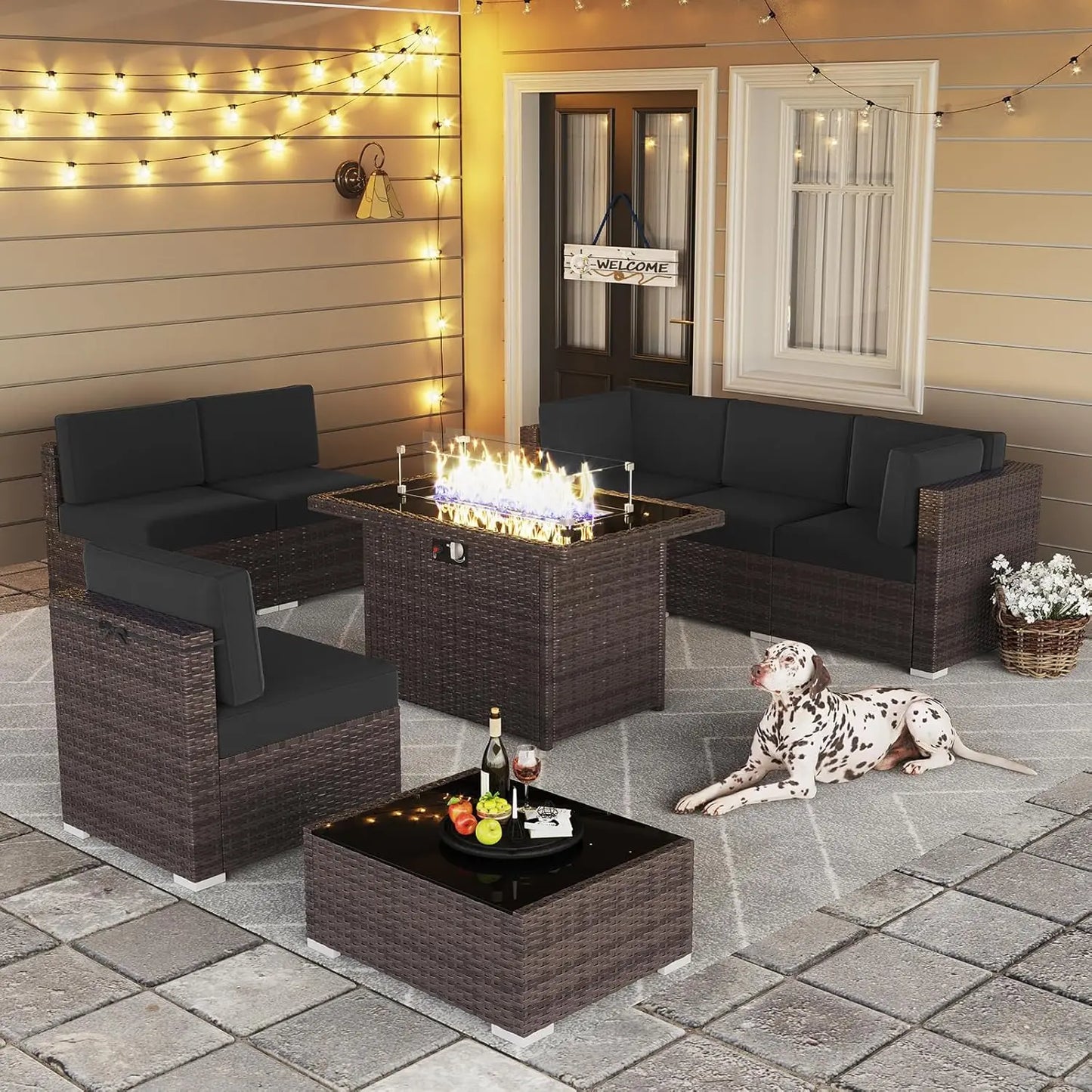 13 Pieces Outdoor Patio Furniture Set with 44" Fire Pit Table Brown Rattan Sectional Sofa Conversation Sets