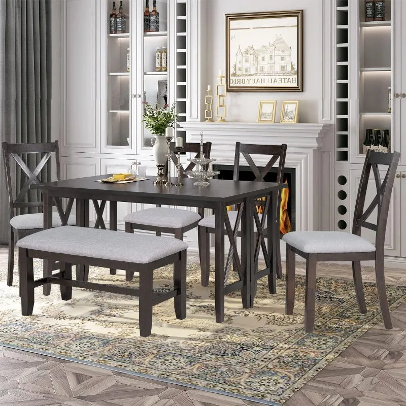 6 Piece Dining Room Table Set, Rustic Farmhouse Dining Room Foldable Table with 4 Upholstered Chairs and Bench