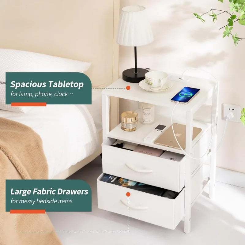 Nightstand with charging station, Nightstand with USB ports and sockets, Small nightstand, Bedside table