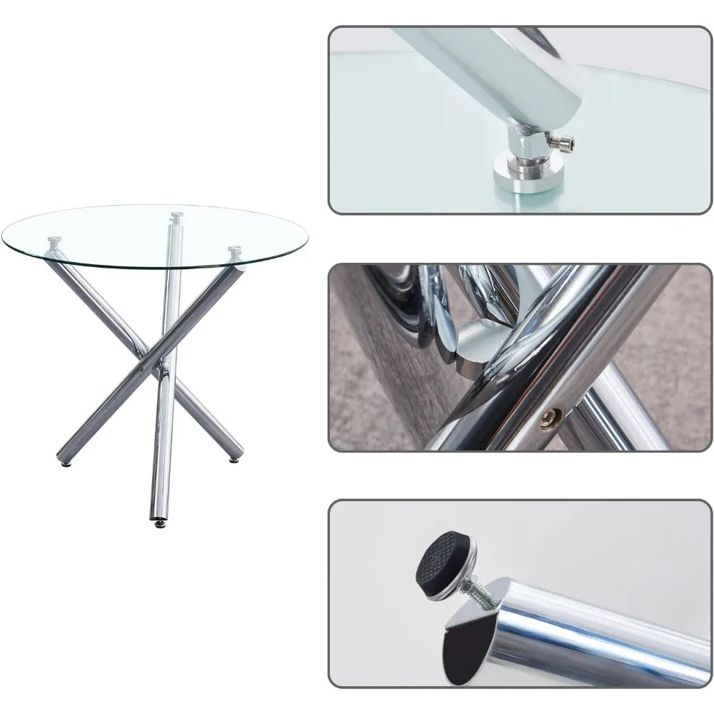 Round Glass Dining Table Set 5 Piece Round Silver Kitchen Table and White Chairs,Tempered Glass Table with 4 Faux Leather Chairs