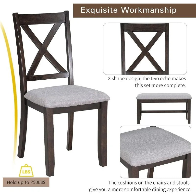 6 Piece Dining Room Table Set, Rustic Farmhouse Dining Room Foldable Table with 4 Upholstered Chairs and Bench