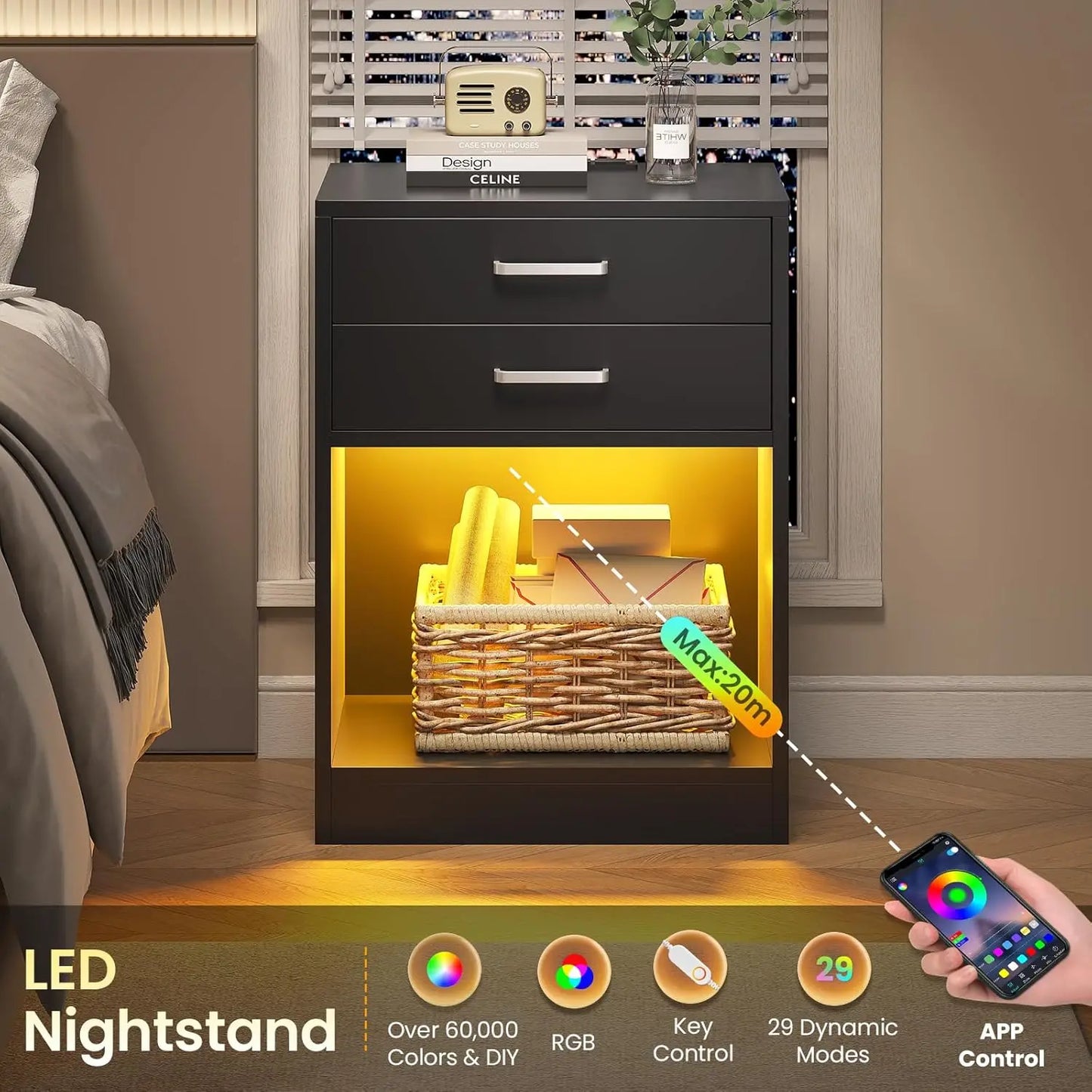LED Nightstands Set of 2,Night Stands for Bedrooms Set of 2,Nightstand with Charging Station and LED Lights,Black Bedside Table
