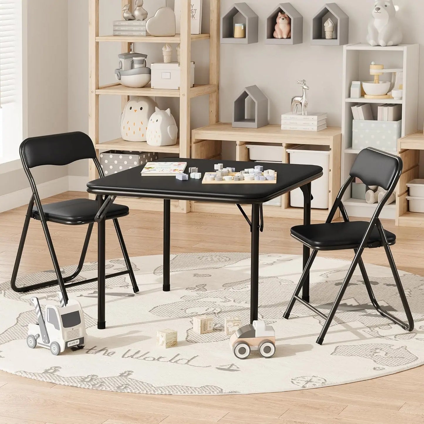 Boys and Girls Folding Table and Chairs Set of 3, Portable Table and Chair with Pu Soft Cushion, For Eating,Reading and Playing