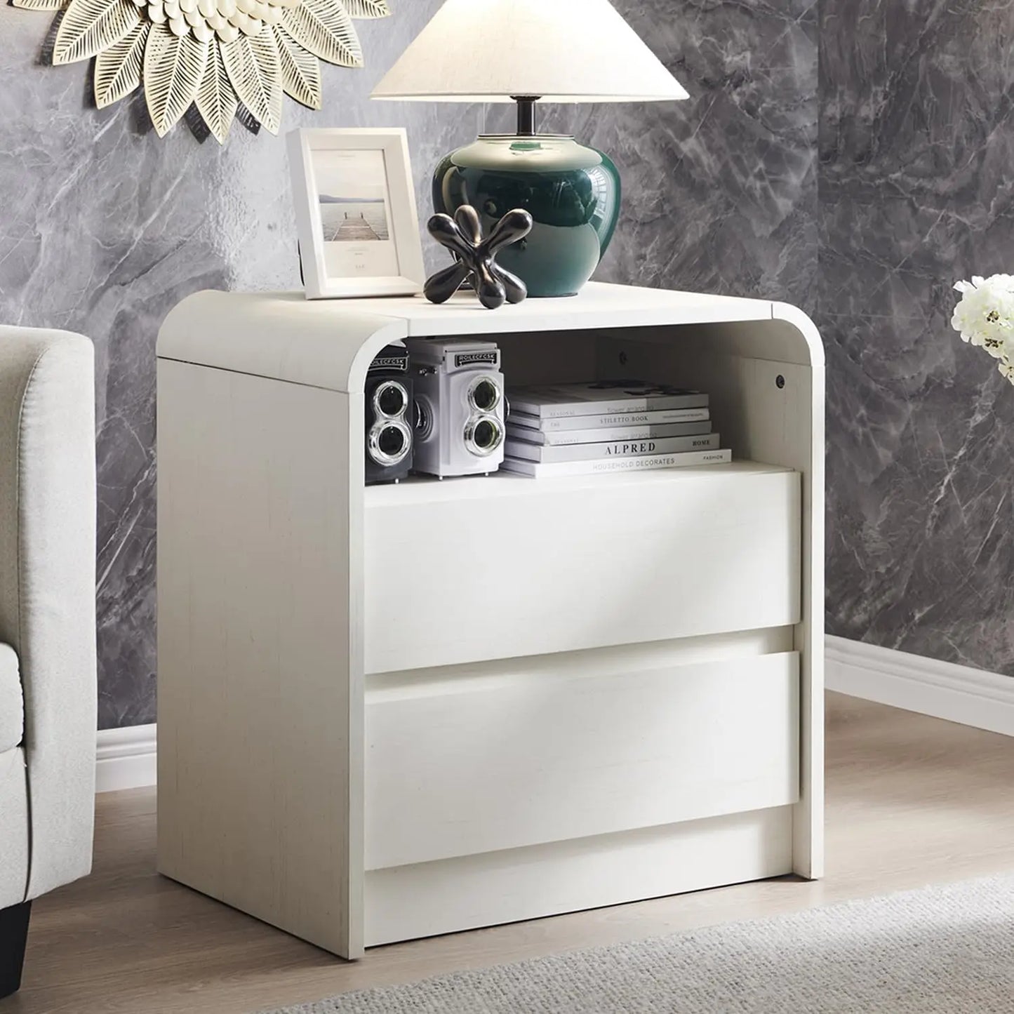 25" Tall Modern Nightstand with Charging Station, 23.6'' Wide Wood Bedside Table w/2 Storage Drawers,for Bedroom, Living Room