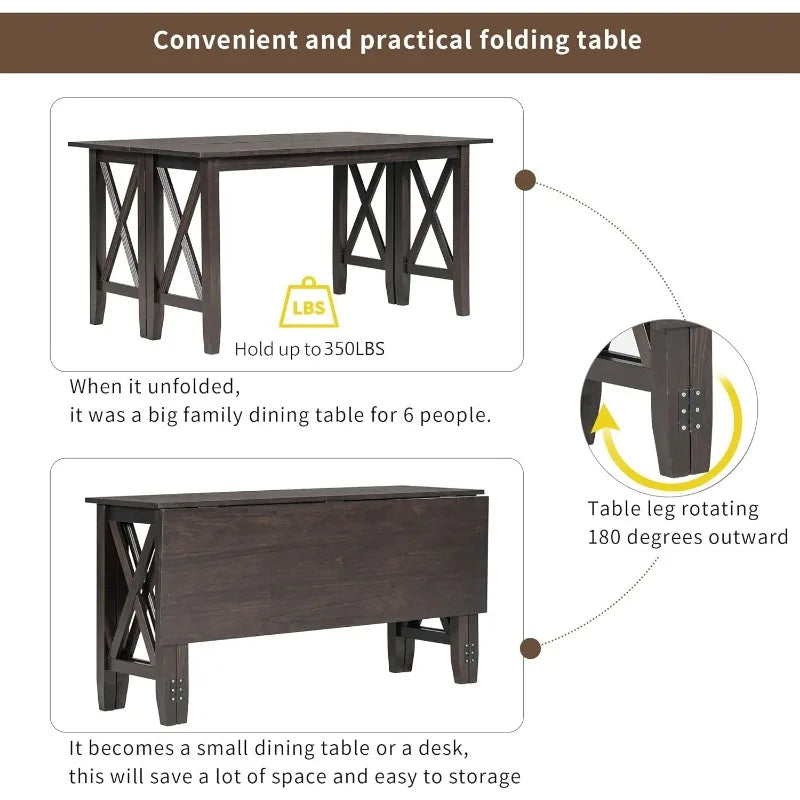 6 Piece Dining Room Table Set, Rustic Farmhouse Dining Room Foldable Table with 4 Upholstered Chairs and Bench