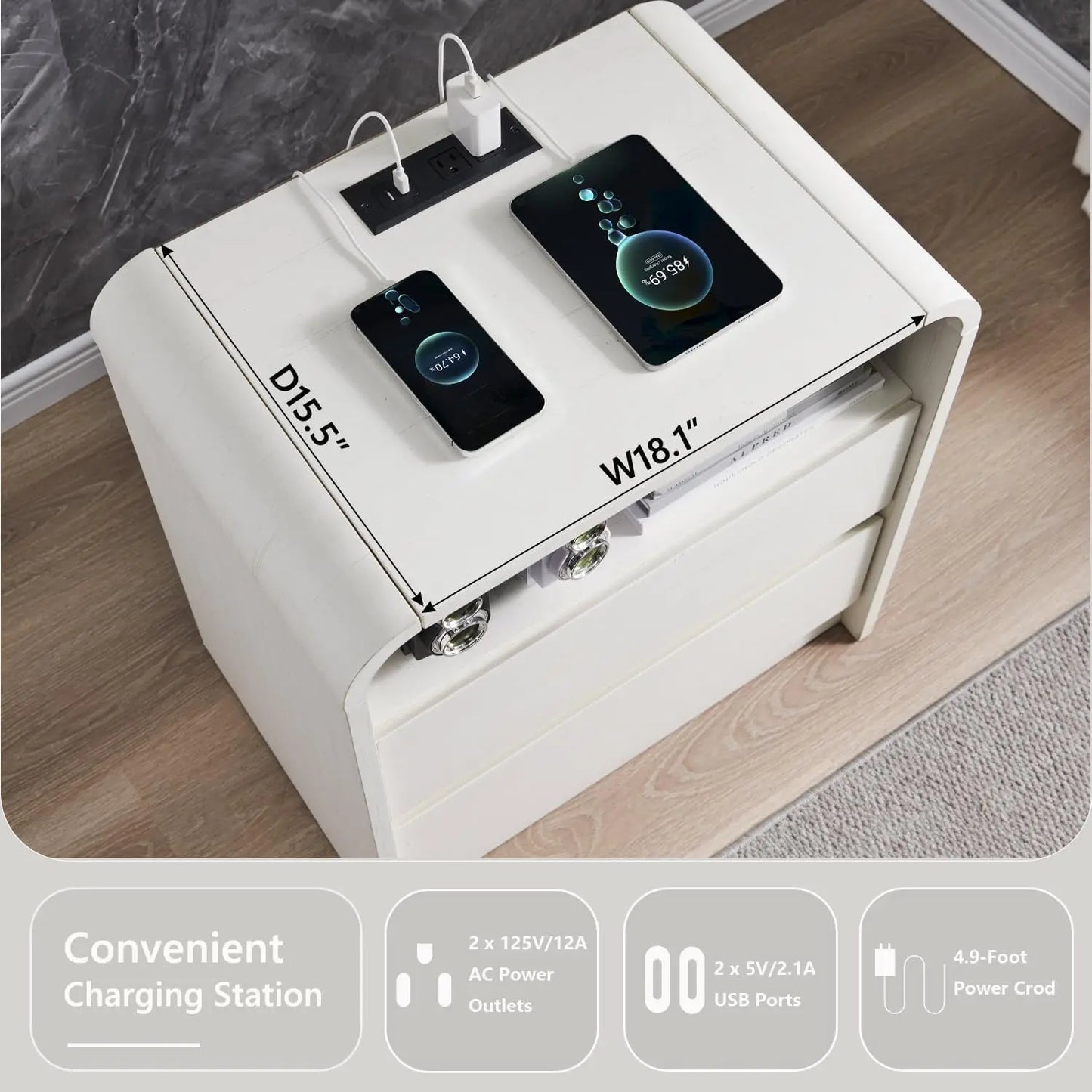 25" Tall Modern Nightstand with Charging Station, 23.6'' Wide Wood Bedside Table w/2 Storage Drawers,for Bedroom, Living Room