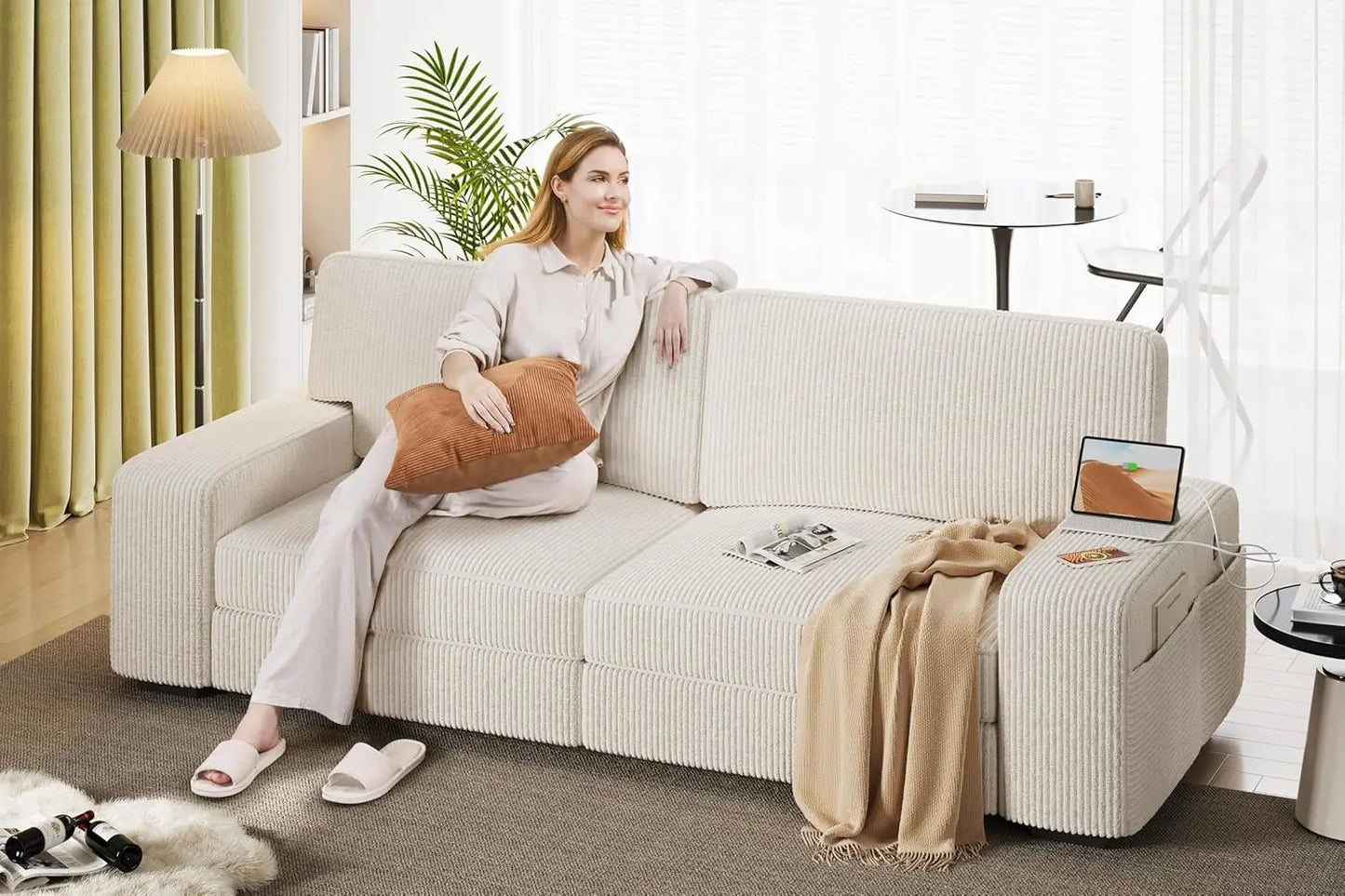 83.5" W Modern Sofa Couch 2 Seater Corduroy Fabric Sofa for Living Room Apartment, Ivory