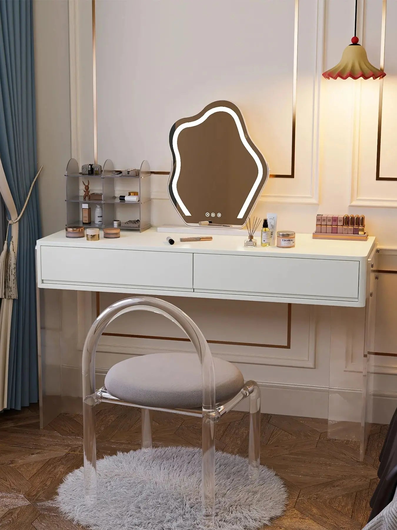 Tribesigns Makeup Vanity Desk with 2 Drawers, Modern White Computer Desk with Acrylic Legs, Glossy Vanity Dressing Table
