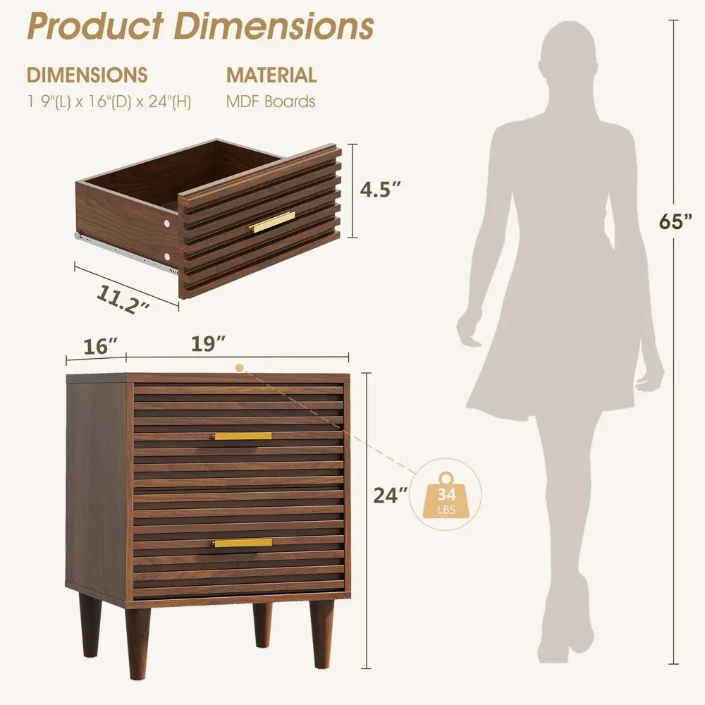 Fluted Nightstands Set of 2, Mid Century Bedside Table for Bedroom, End Table with 2 Drawers, Modern Bed Side Table wit