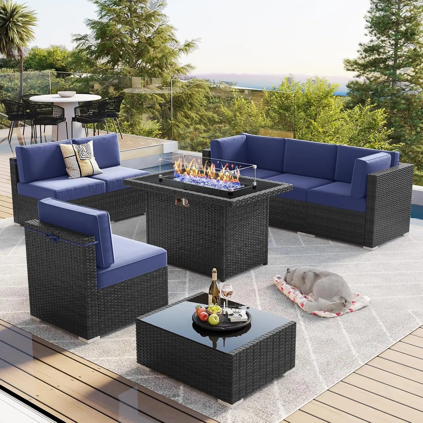 13 Pieces Outdoor Patio Furniture Set with 44" Fire Pit Table Brown Rattan Sectional Sofa Conversation Sets