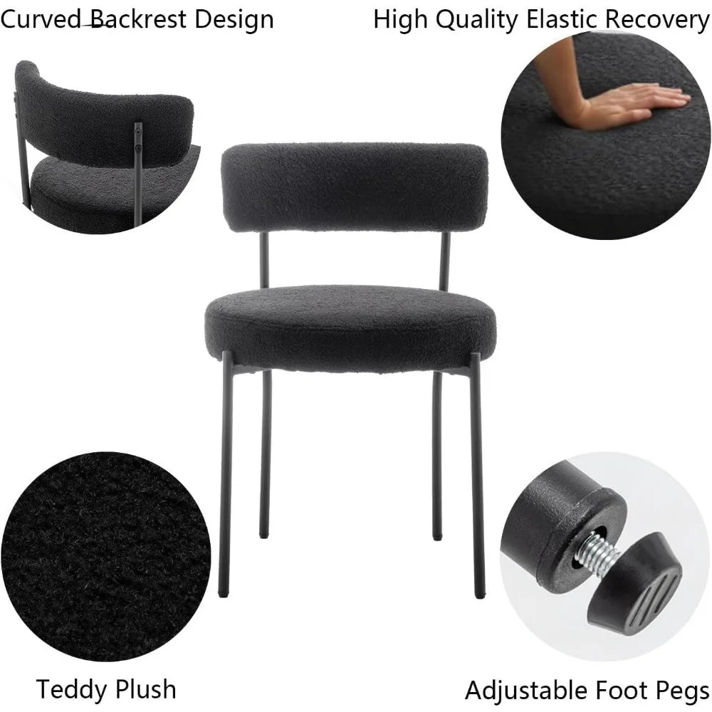 Black Boucle Dining Chairs Set of 4, Upholstered Dining Chairs with Black Metal Legs, Round Modern Chair for Room