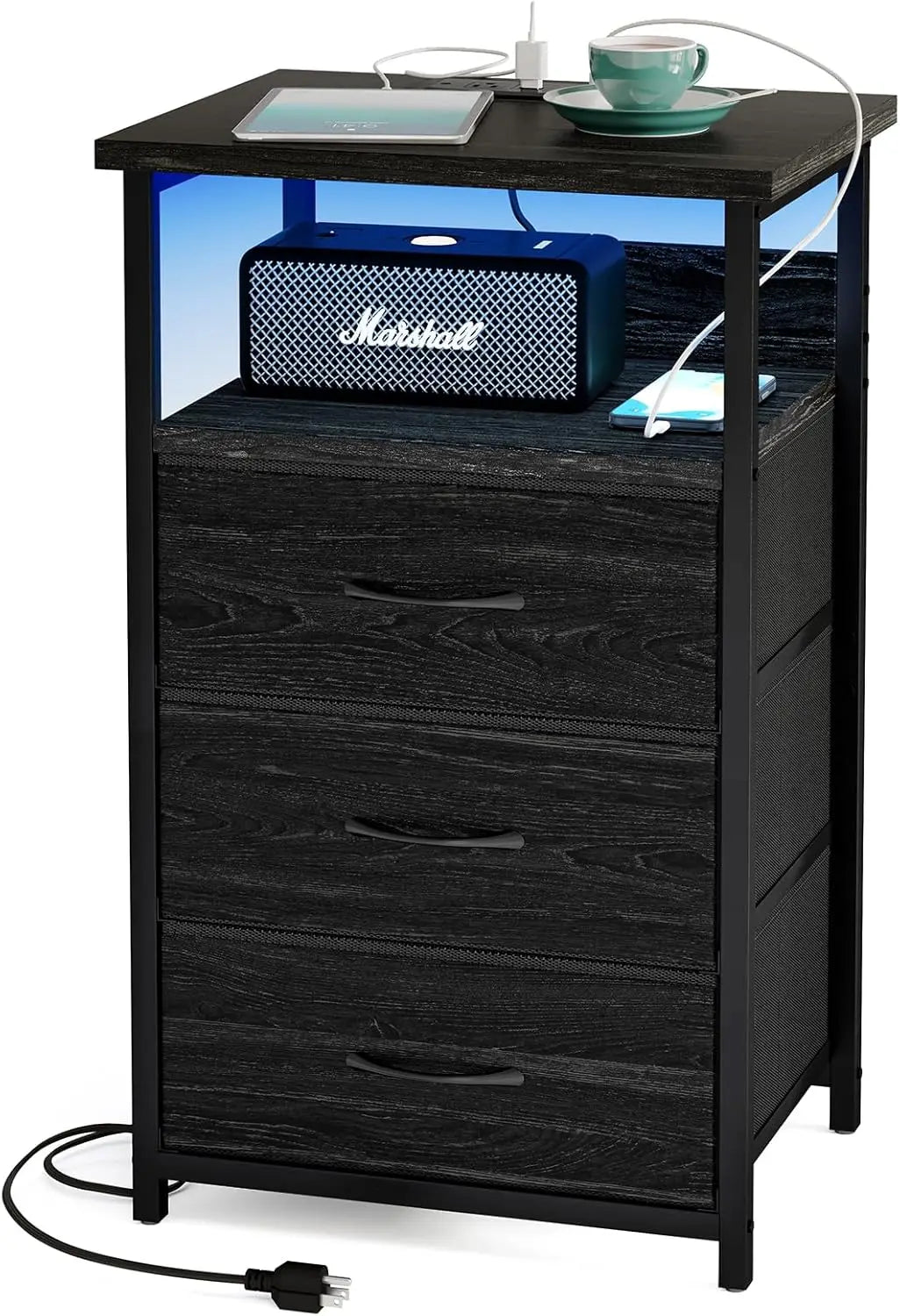 Tall Nightstand with Charging Station and LED Lights, Night Stand with PU Finish Fabric Storage Drawers,3 Drawers