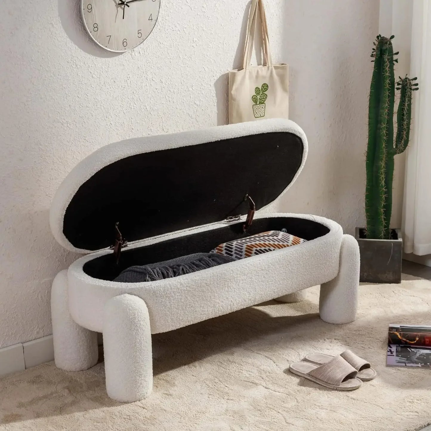 Modern Storage Bench, 44.7 Inch Upholstered Ottoman Bench Sherpa Fabric End of Bed Stool, Cute Entryway Bench for Bedroom Living