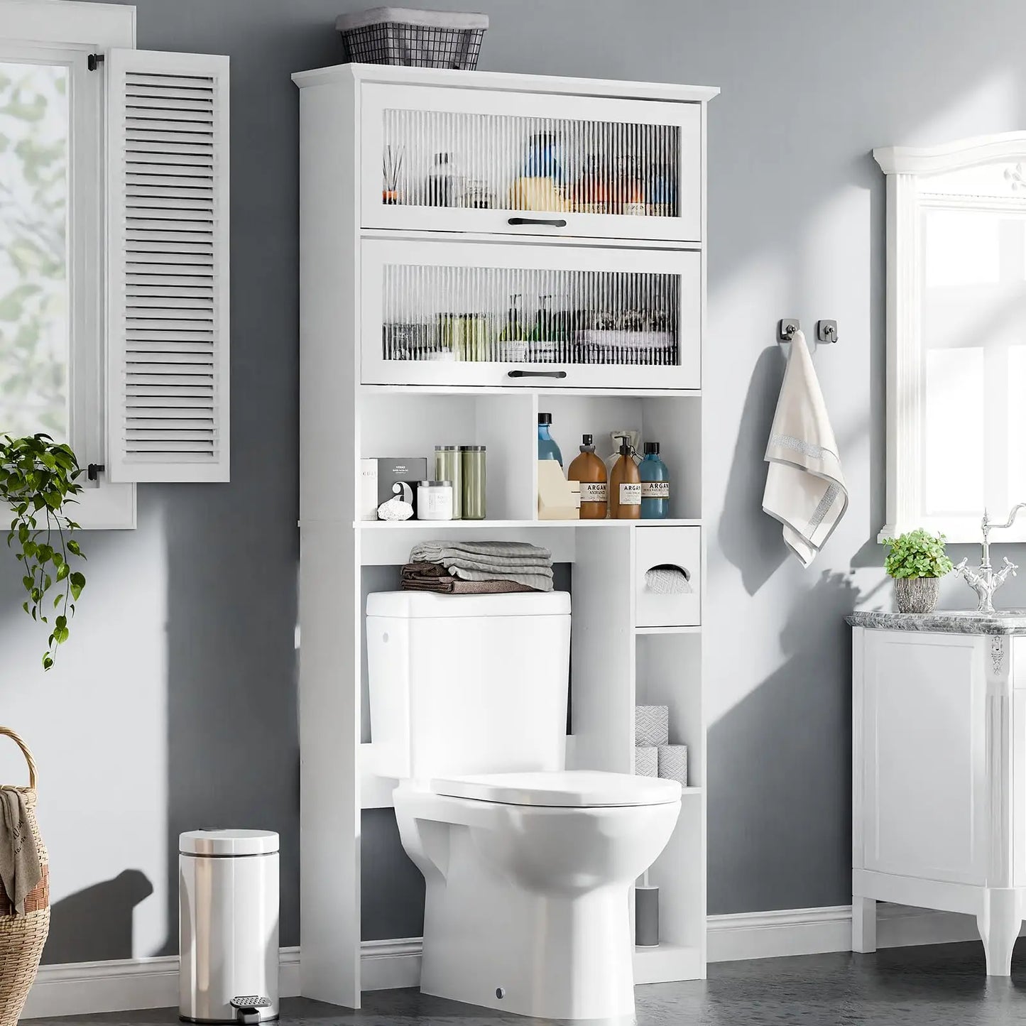 Vabches Over the Toilet Storage Cabinet Bathroom Organizer with Glass Door&Shelves Wooden Toilet Rack Bathroom Storage Cabinet