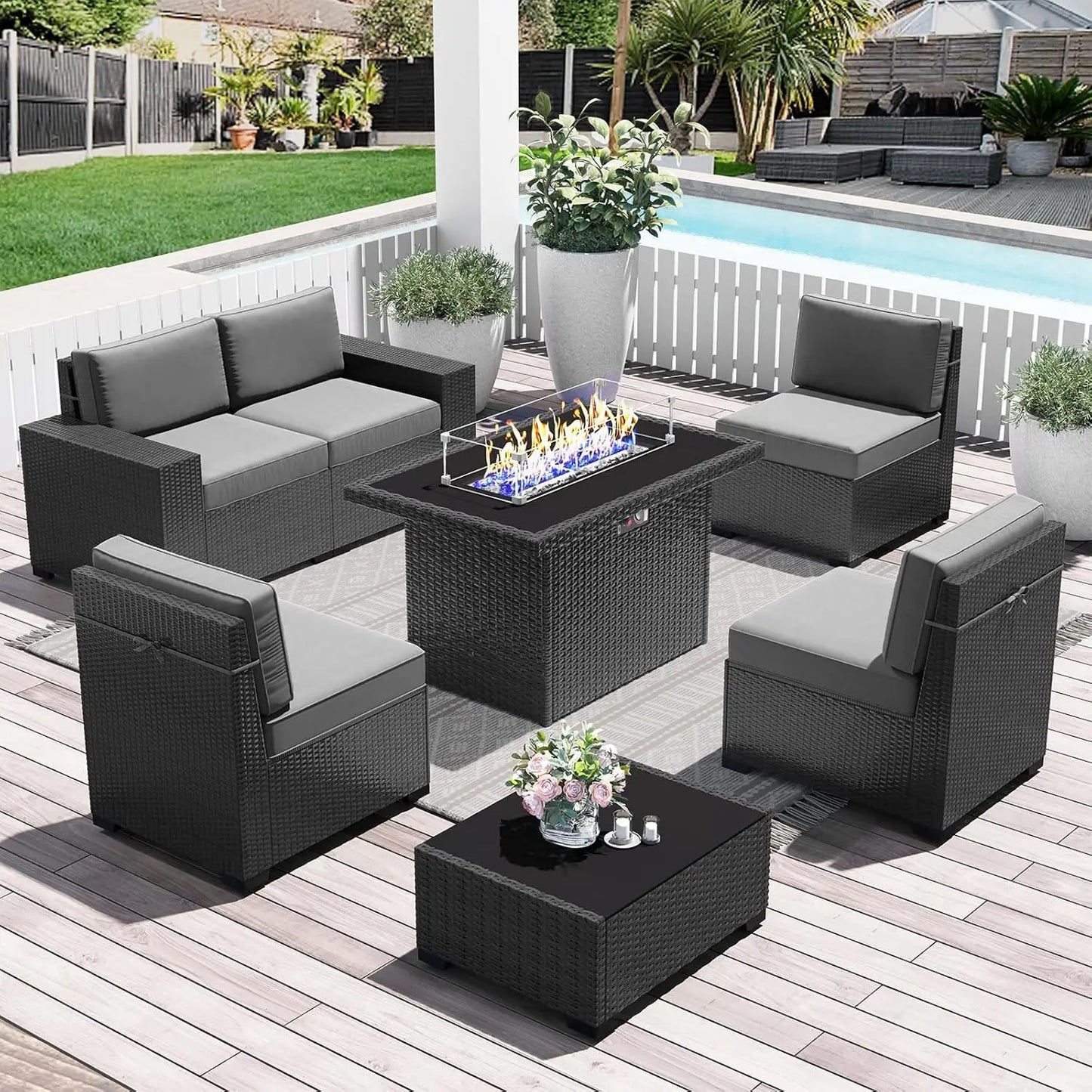 13 Pieces Outdoor Patio Furniture Set with 44" Fire Pit Table Brown Rattan Sectional Sofa Conversation Sets