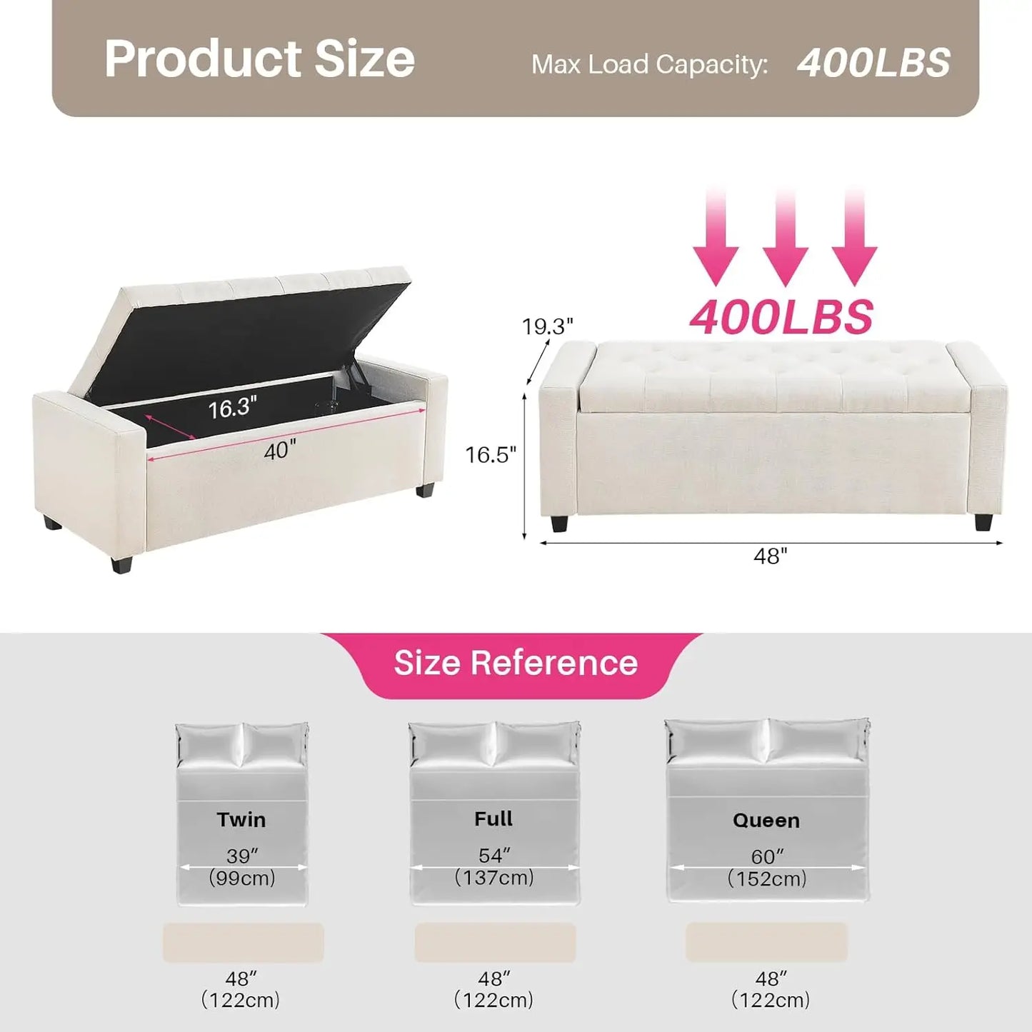 Folding Storage Ottoman, Footrest Stool Storage Bench with Flipping Lid, Safe Hinge for Living Room, Bedroom, Entryway, 47.8"