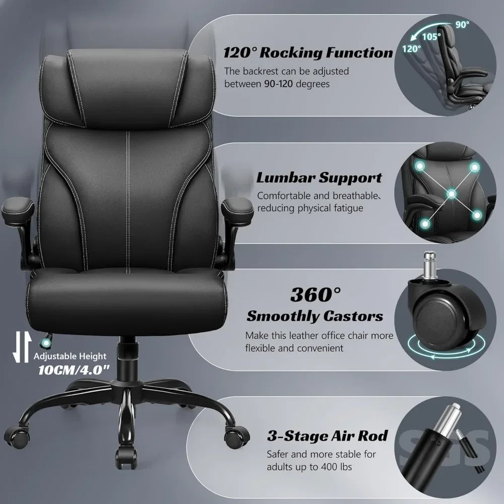 Ergonomic Big and Tall Computer Desk Chairs, Executive Breathable Leather Chair with Adjustable High Back Flip-up Armrests