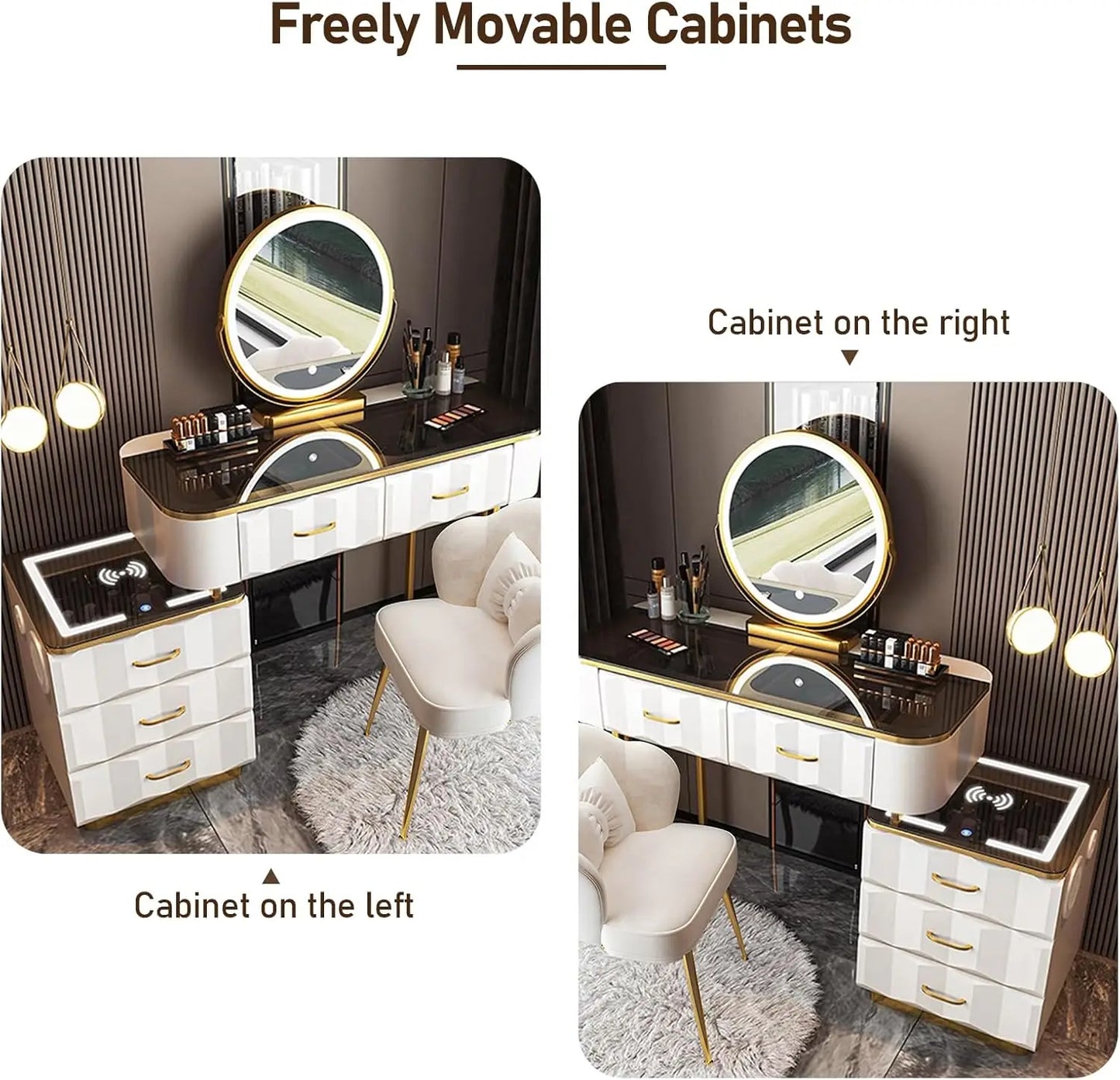 Makeup Vanity Set with Wireless Charging Station, Dressing Table with Mirror & Lights, Vanity Desk with Storage Cabinet & Chair