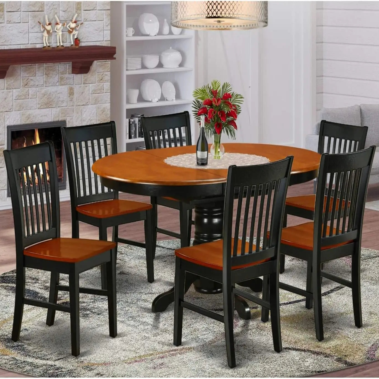 7 Piece Dining Room Furniture Set Consist of an Oval Kitchen Table with Butterfly Leaf and 6 Dining Chairs 42x60 Inch