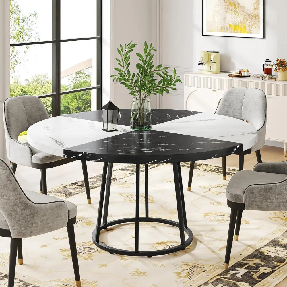 47 Inch Dining Table for Dining Room, 4 People Round Dinner Tables with Faux Marble Top Heavy Duty Metal Circle Pedestal