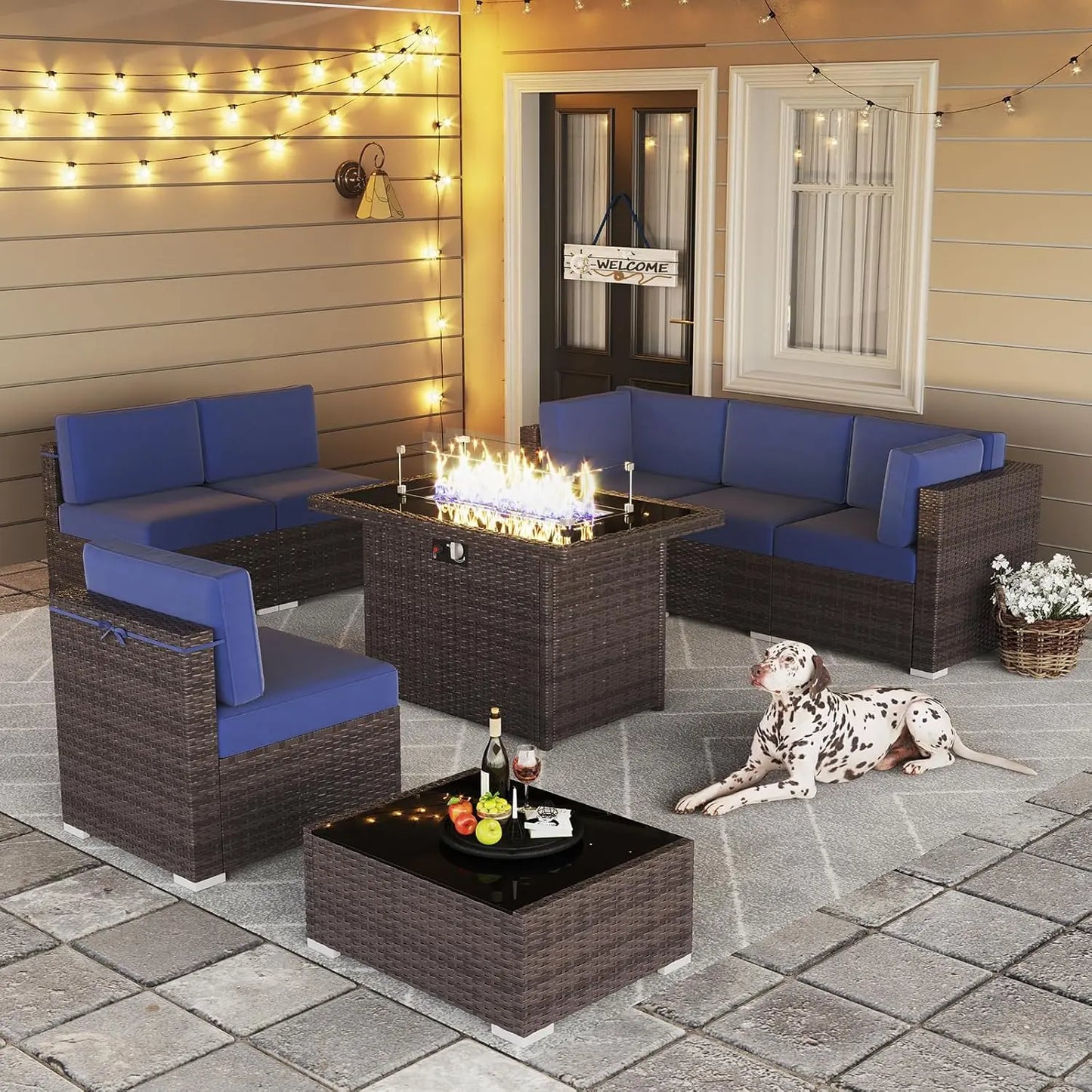 13 Pieces Outdoor Patio Furniture Set with 44" Fire Pit Table Brown Rattan Sectional Sofa Conversation Sets