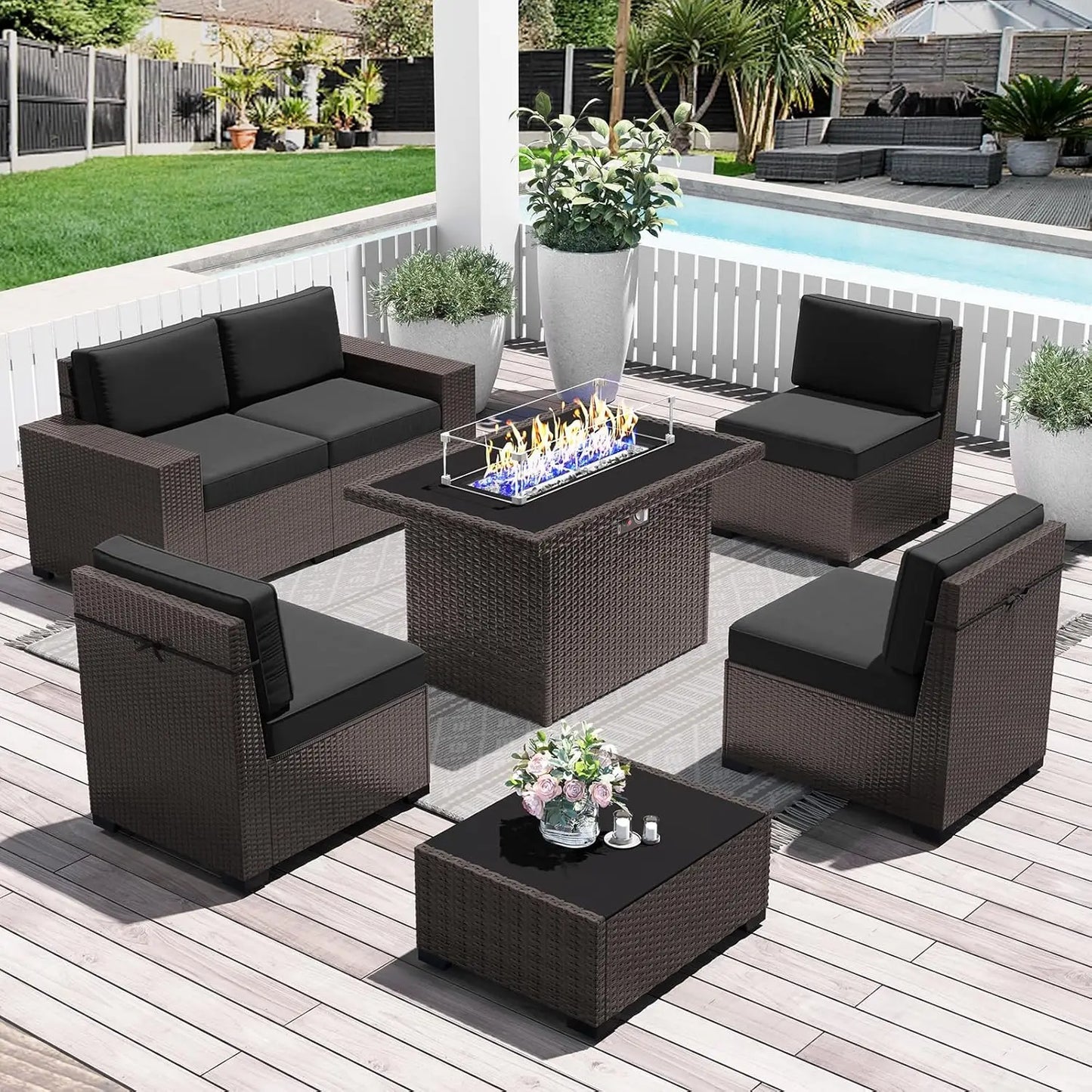 13 Pieces Outdoor Patio Furniture Set with 44" Fire Pit Table Brown Rattan Sectional Sofa Conversation Sets
