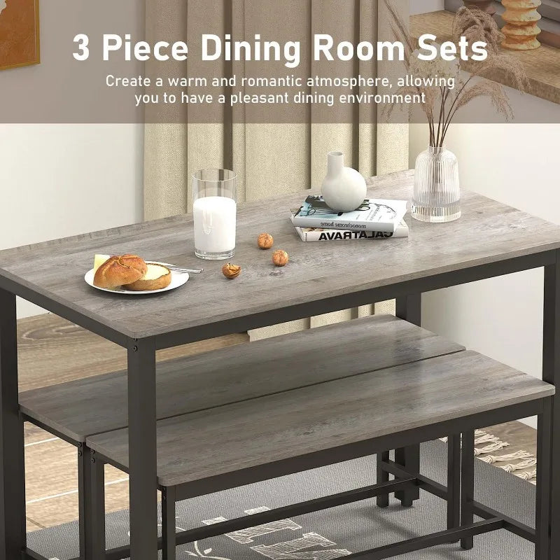 2025 Grey Dining Table Set for 4, Kitchen Room Table Set with 2 Benches, 3-Piece Dining Chairs Set for Breakfast Nook,
