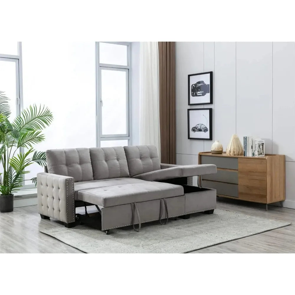 76.8'' Pull Out Sleeper Sectional Storage Sofa Bed,L-Shaped Convertible Velvet Corner Sofa Bed, Reversible Storage Chaise